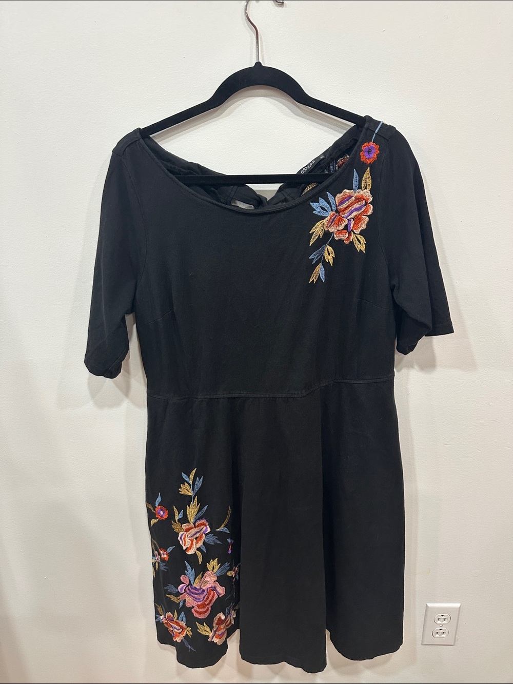 eshakti Black Midi Dress with Colorful Floral Embroidery